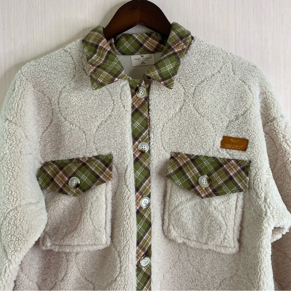 Simply Southern Youth Quilted Sherpa Jacket with Green Plaid Trim Youth Large